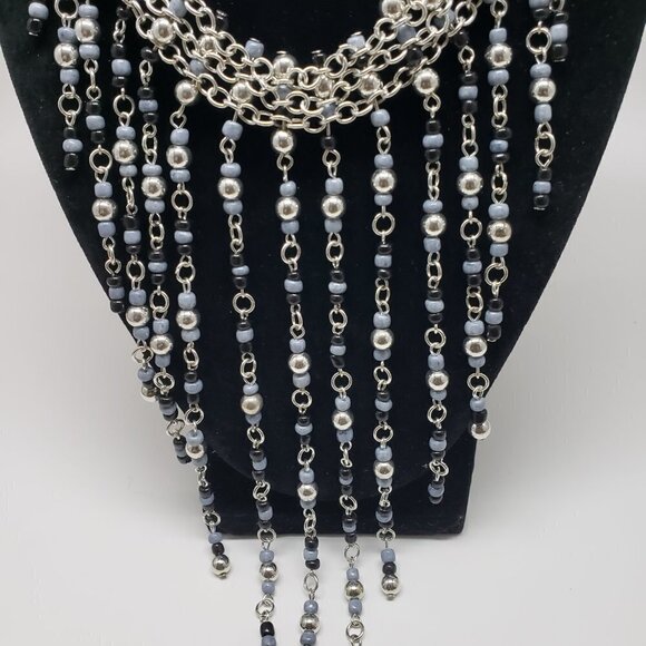 Women's Stylish Layered Silver-tone Black & Gray Beads Fringed Cascade Necklace - Picture 7 of 10